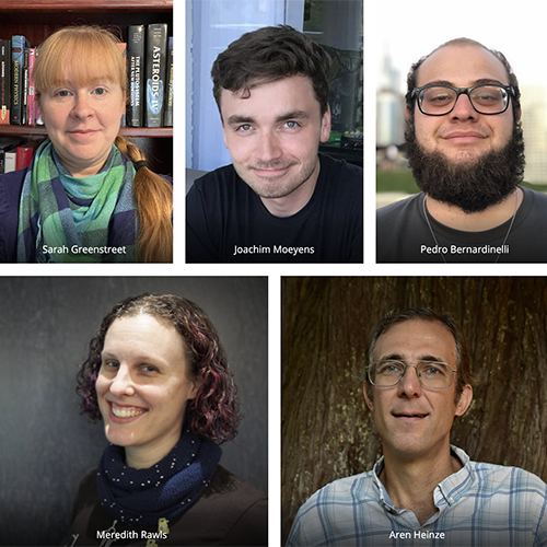 Collage of headshots of the DiRAC team: Sarah Greenstreet, Joachim Moeyens, Pedro Bernardinelli, Meredith Rawls, and Aren Heinze.